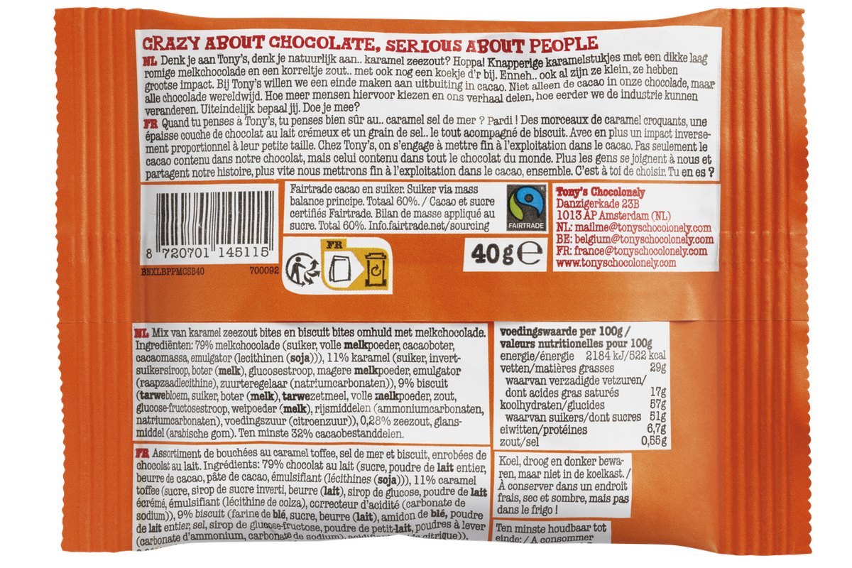 Achterkant van de verpakking van Tony's Chocolonely Lil' Bits melk karamel zeezout en biscuit