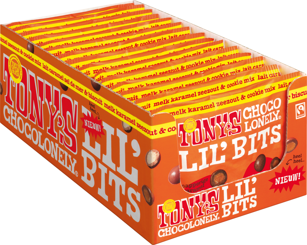 Tony's Chocolonely Lil' Bits melk karamel zeezout en biscuit, geopende verpakking