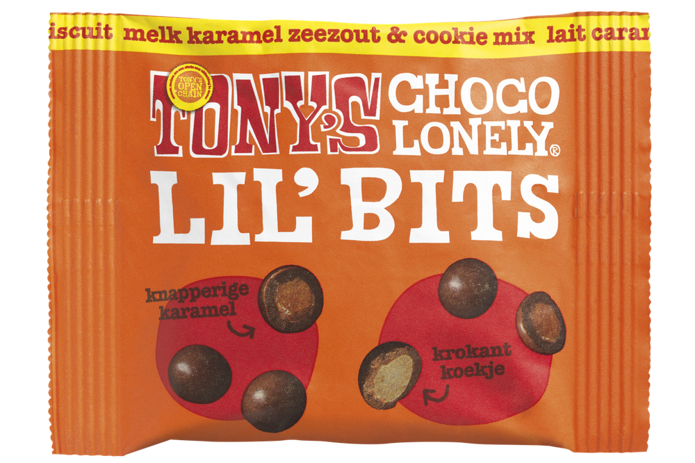 Tony's Chocolonely Lil' Bits melk karamel zeezout en biscuit, voorkant van de verpakking