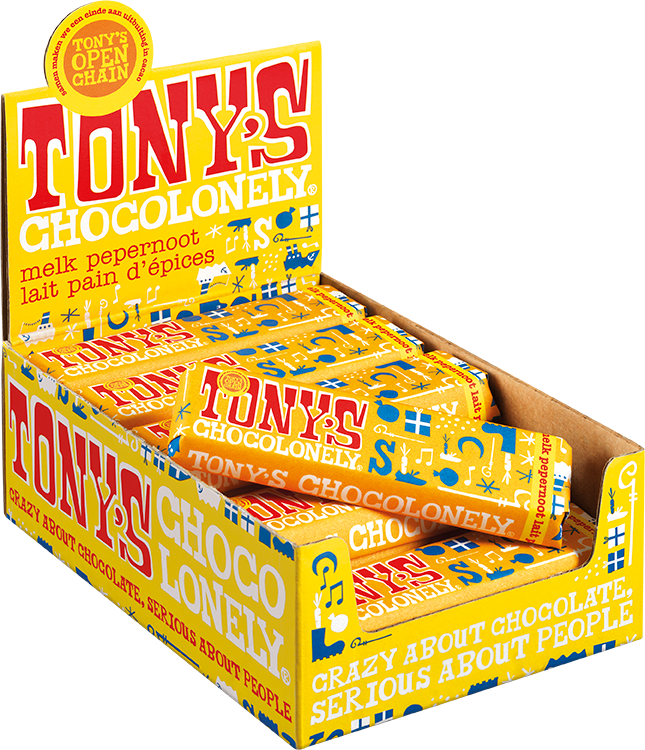 Geopende doos met reepjes Tony's Chocolonely melk pepernoot