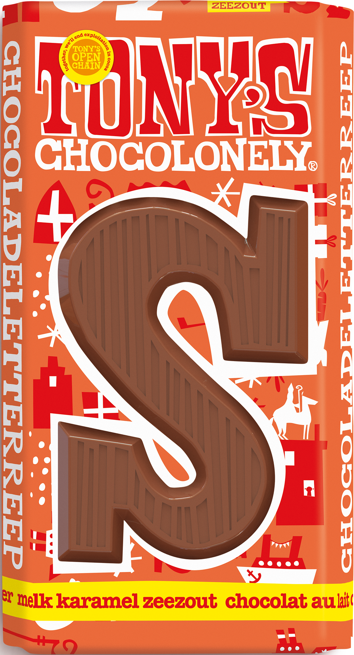Tony's Chocolonely letterreep S melk karamel zeezout, voorkant van de verpakking