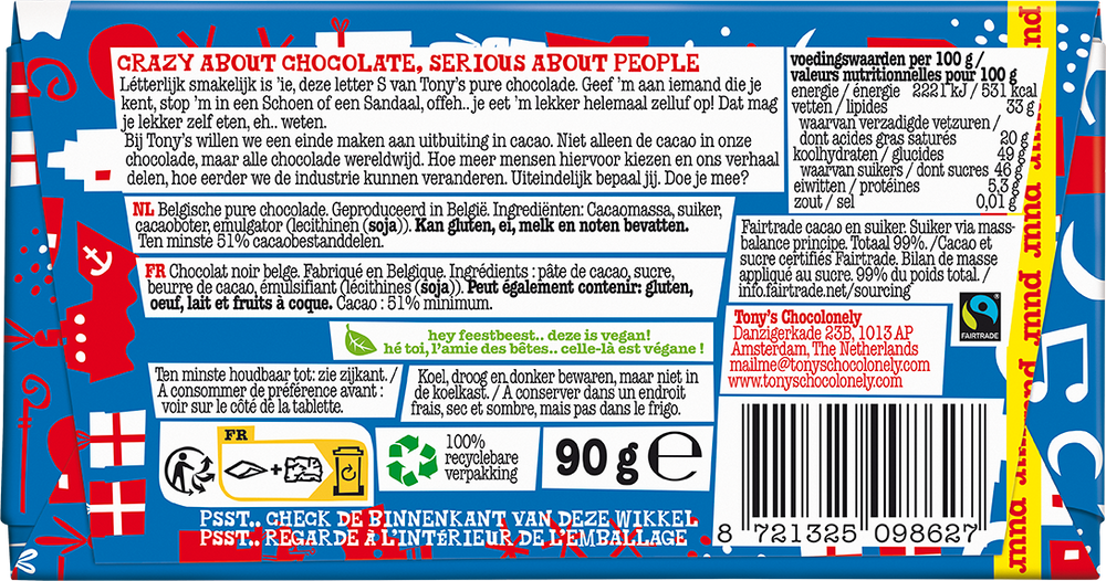 Achterkant van de verpakking van de Tony's Chocolonely schoenletter S puur