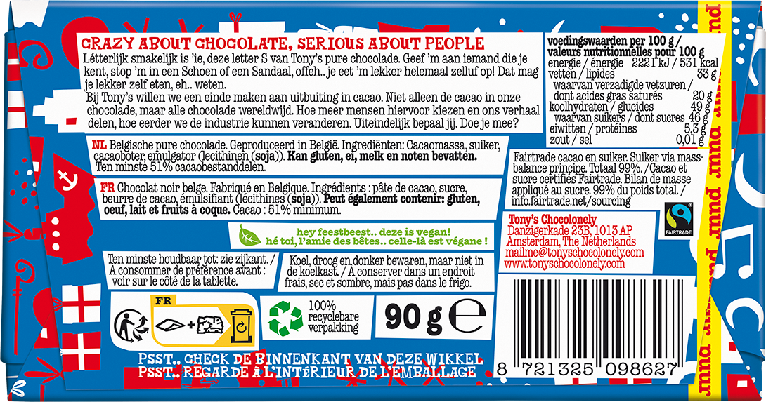 Achterkant van de verpakking van de Tony's Chocolonely schoenletter S puur
