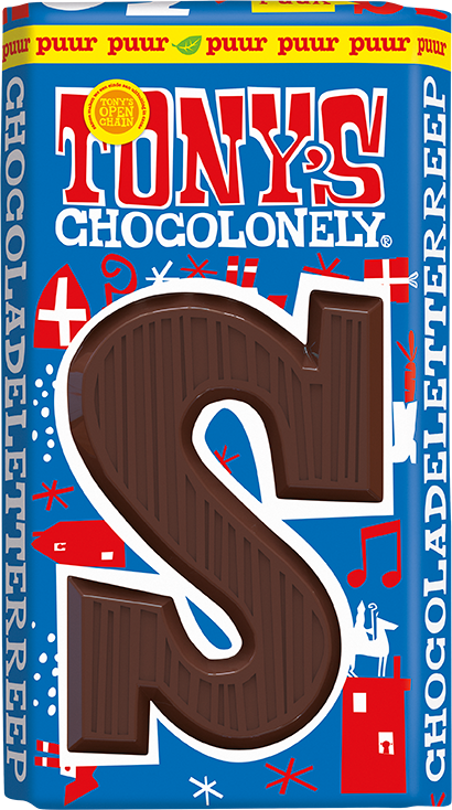 Tony's Chocolonely schoenletter S puur, voorkant van de verpakking