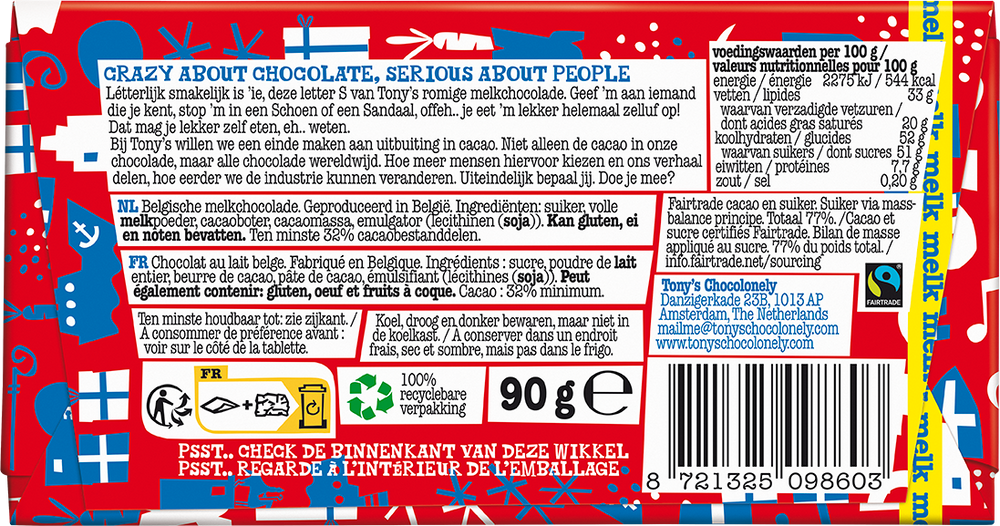 Achterkant van de verpakking van de Tony's Chocolonely schoenletter S melk