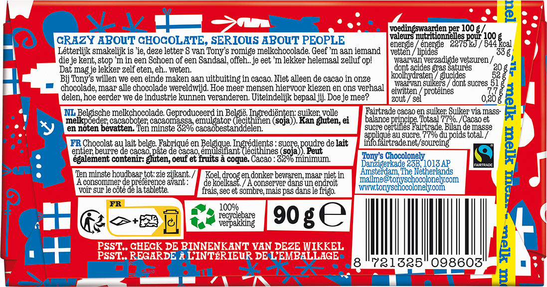 Achterkant van de verpakking van de Tony's Chocolonely schoenletter S melk