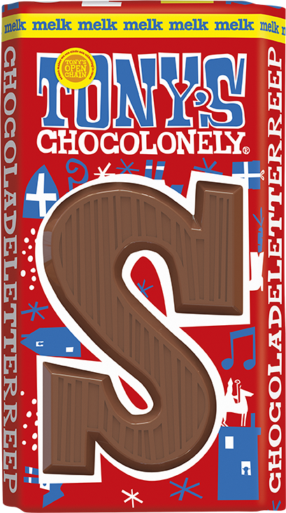 Tony's Chocolonely schoenletter S melk, voorkant van de verpakking