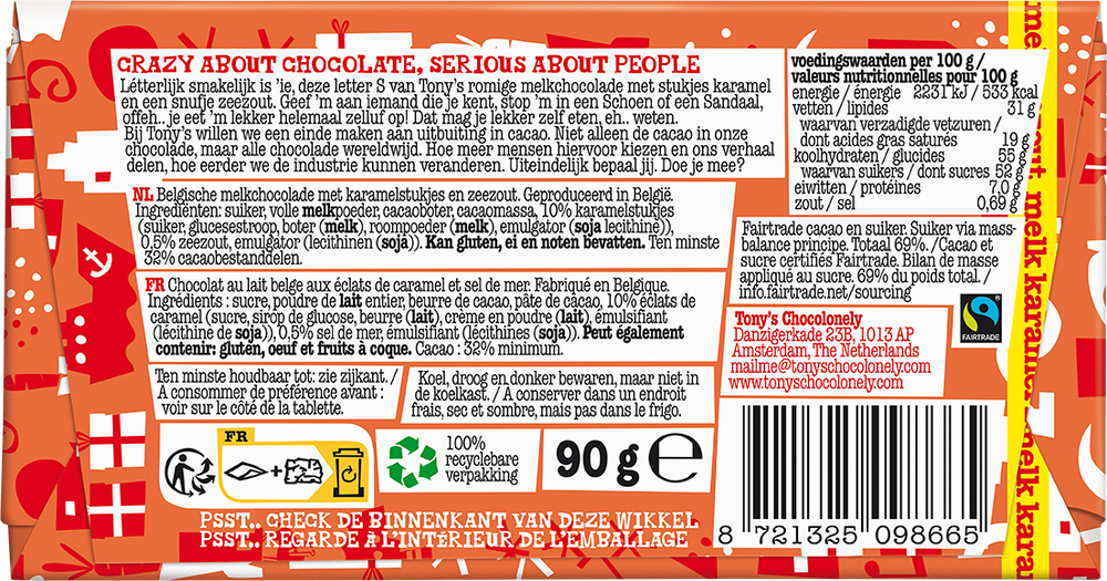 Achterkant van de verpakking van de Tony's Chocolonely schoenletter S melk karamel zeezout