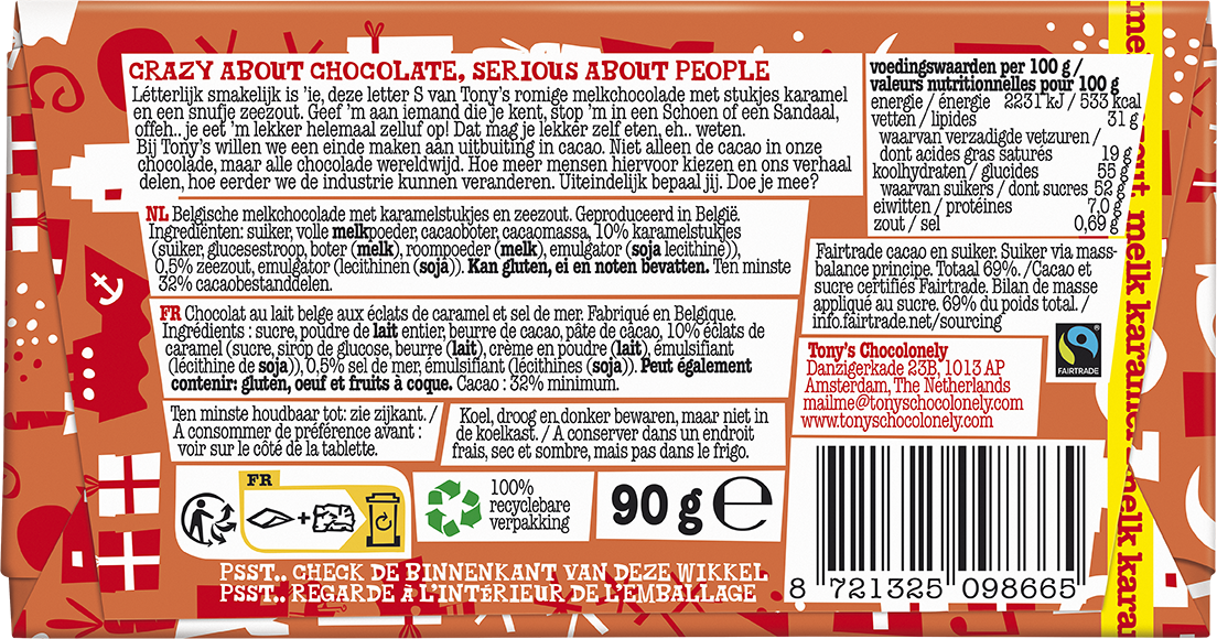 Achterkant van de verpakking van de Tony's Chocolonely schoenletter S melk karamel zeezout