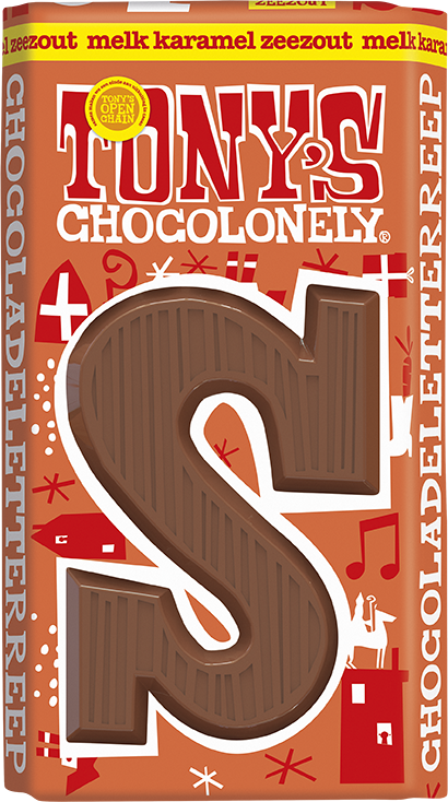 Tony's Chocolonely schoenletter S melk karamel zeezout, voorkant van de verpakking