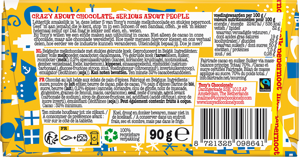 Achterkant van de verpakking van de Tony's Chocolonely schoenletter S melk pepernoot
