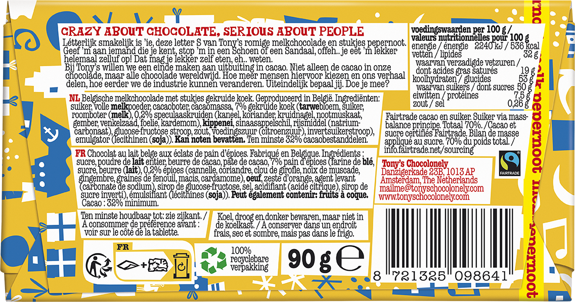 Achterkant van de verpakking van de Tony's Chocolonely schoenletter S melk pepernoot