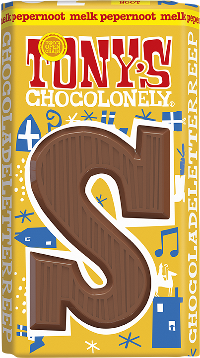 Tony's Chocolonely schoenletter S melk pepernoot, voorkant van de verpakking