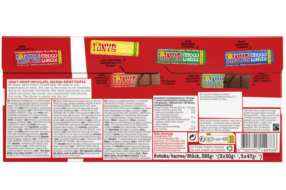 Achterkant van de verpakking van Tony's Chocolonely proeverijtje