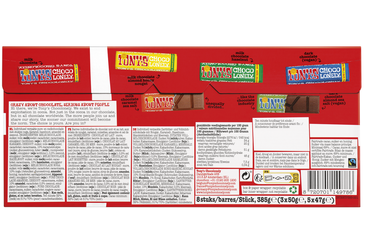 Achterkant van de verpakking van Tony's Chocolonely proeverijtje