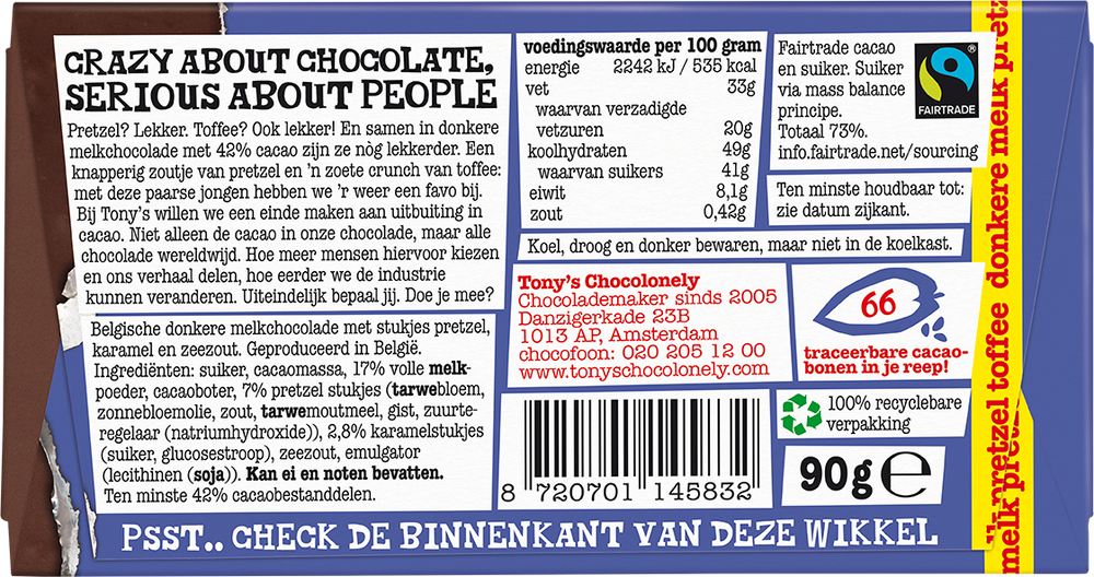 Achterkant van de verpakking van Tony's Chocolonely reep donkere melk pretzel toffee
