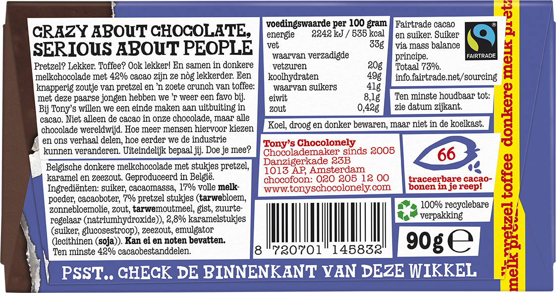 Achterkant van de verpakking van Tony's Chocolonely reep donkere melk pretzel toffee
