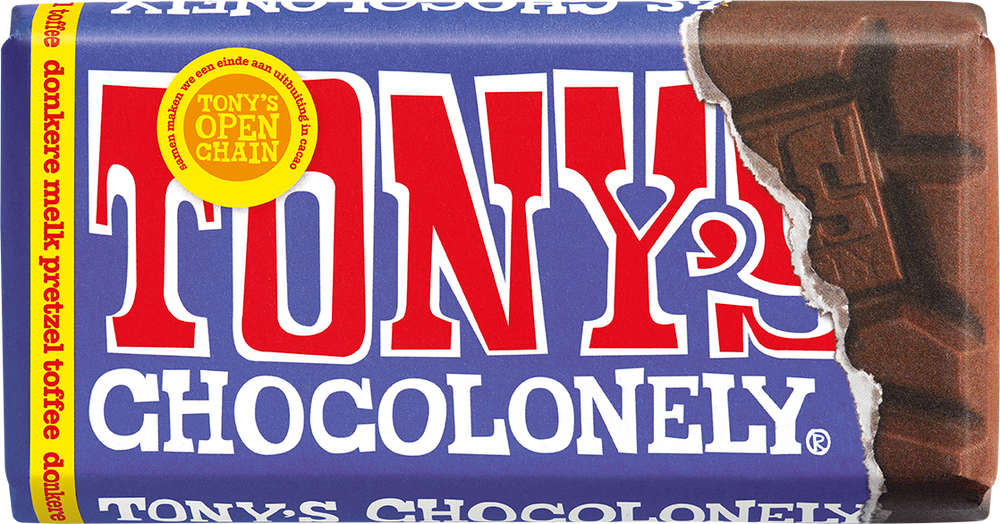 Tony's Chocolonely reep donkere melk pretzel toffee, voorkant van de verpakking