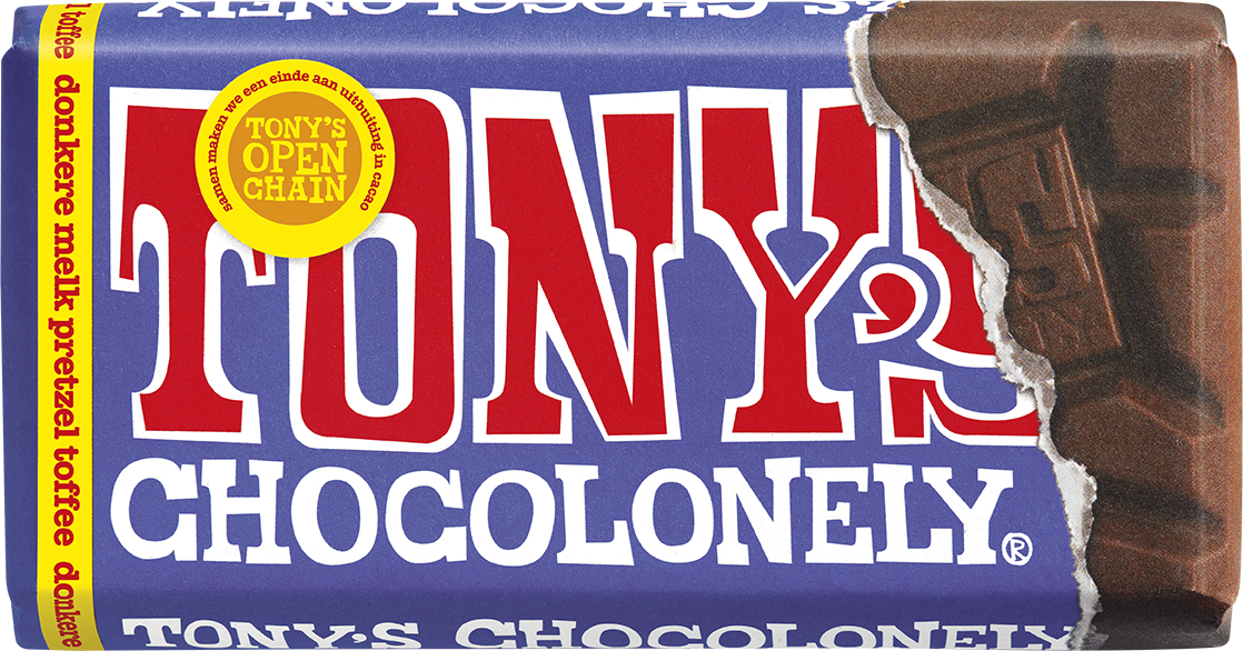 Tony's Chocolonely reep donkere melk pretzel toffee, voorkant van de verpakking