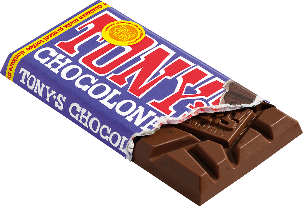 Tony's Chocolonely reep donkere melk pretzel toffee, geopende verpakking