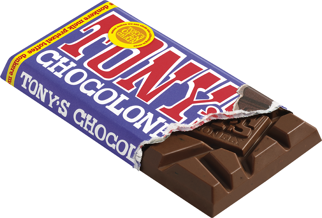 Tony's Chocolonely reep donkere melk pretzel toffee, geopende verpakking