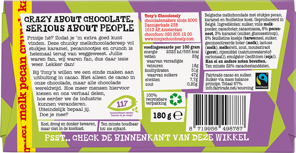 Achterkant van de verpakking van Tony's Chocolonely reep melk pecan crunch karamel
