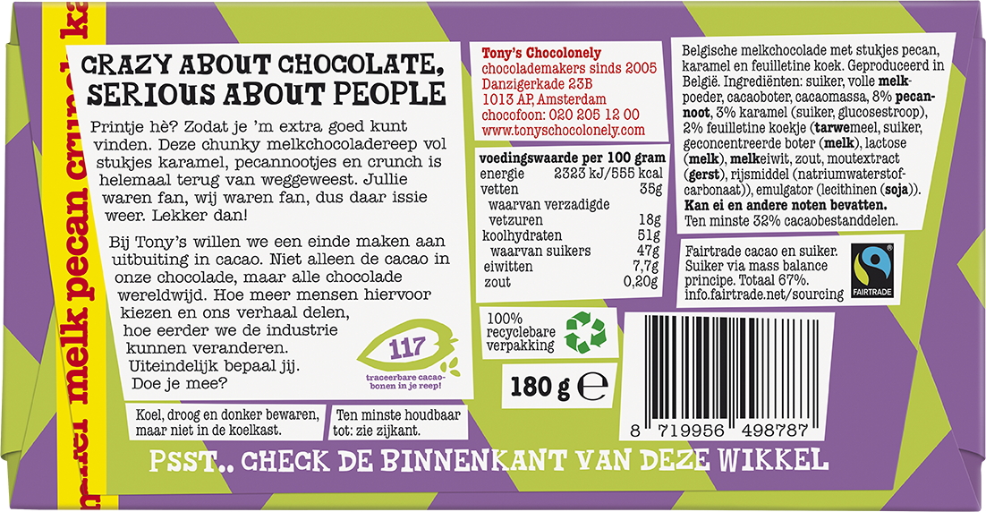 Achterkant van de verpakking van Tony's Chocolonely reep melk pecan crunch karamel