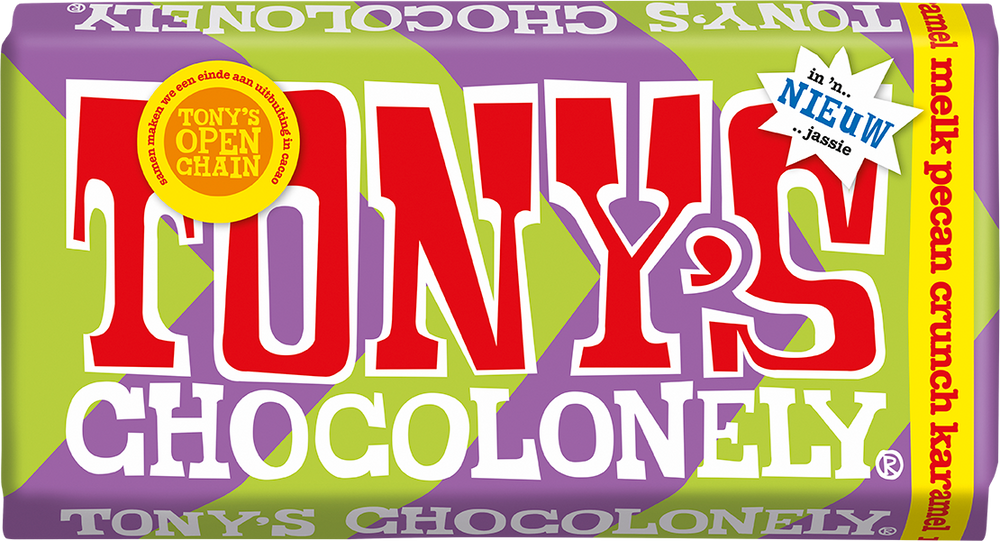 Tony's Chocolonely reep melk pecan crunch karamel, voorkant van de verpakking