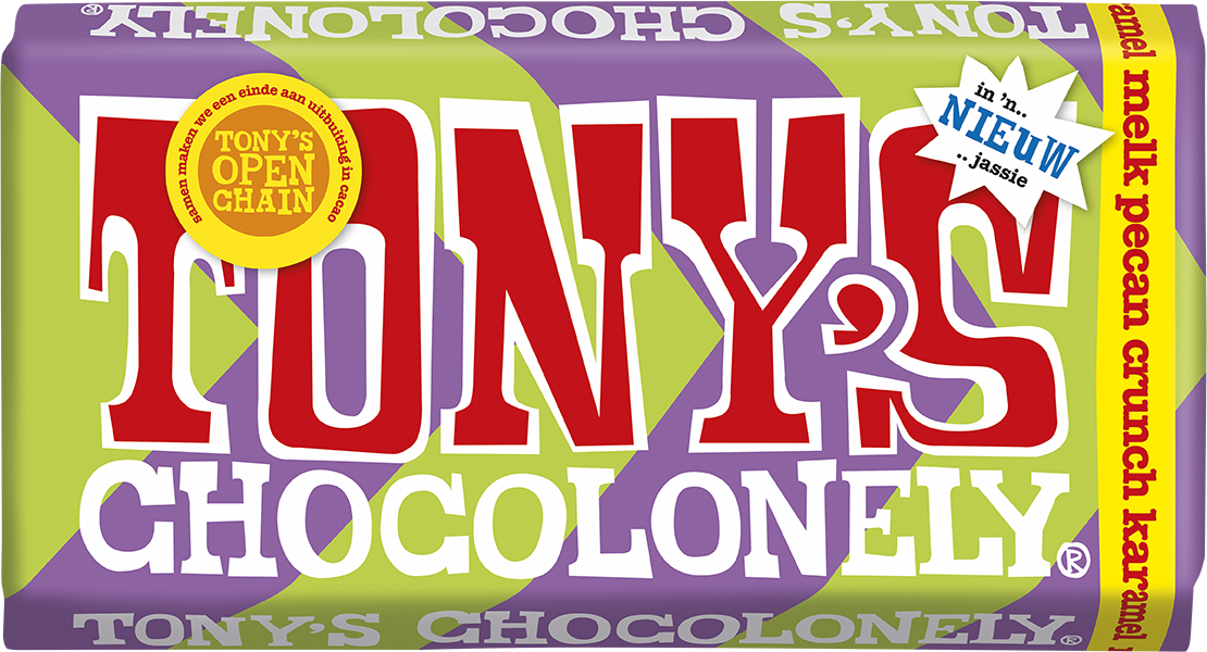 Tony's Chocolonely reep melk pecan crunch karamel, voorkant van de verpakking