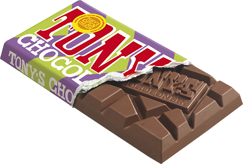 Tony's Chocolonely reep melk pecan crunch karamel, geopende verpakking