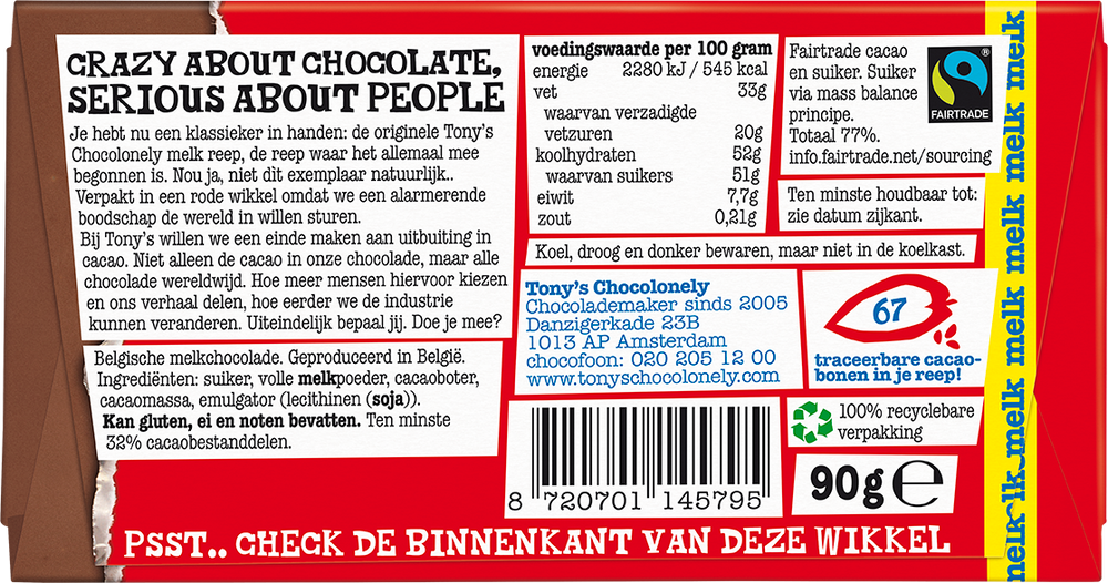 Achterkant van de verpakking van Tony's Chocolonely reep melk