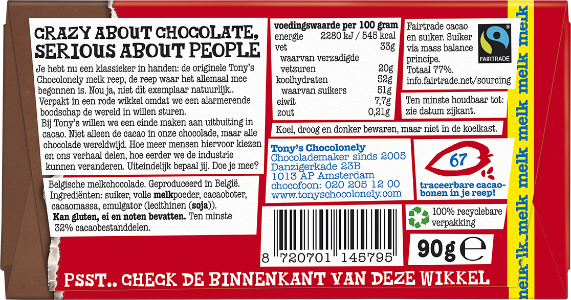 Achterkant van de verpakking van Tony's Chocolonely reep melk