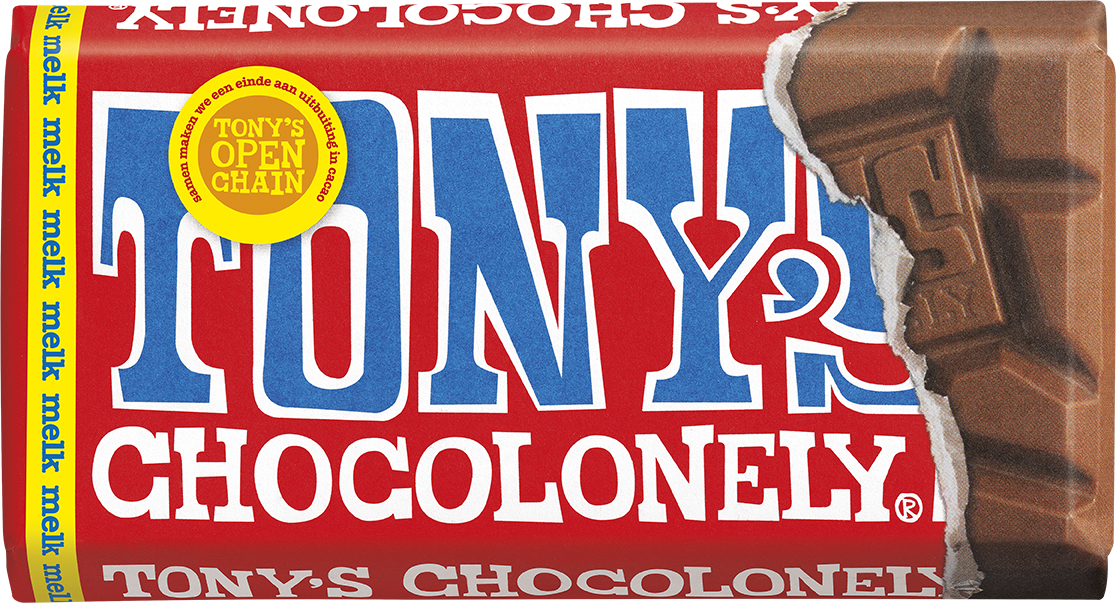 Tony's Chocolonely reep melk, voorkant van de verpakking