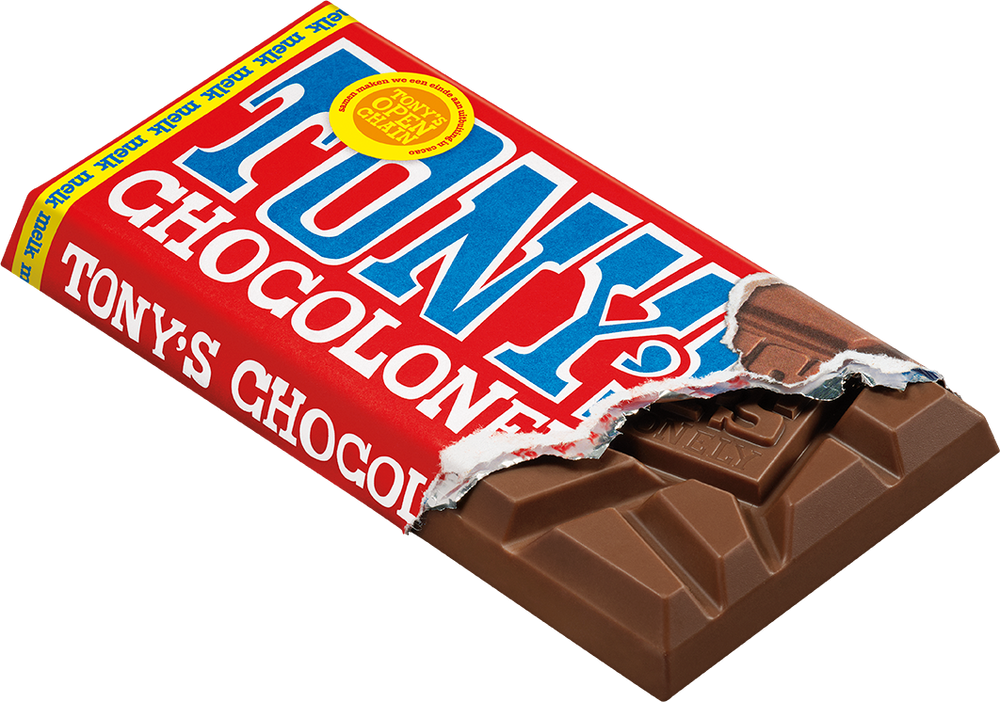 Tony's Chocolonely reep melk, geopende verpakking
