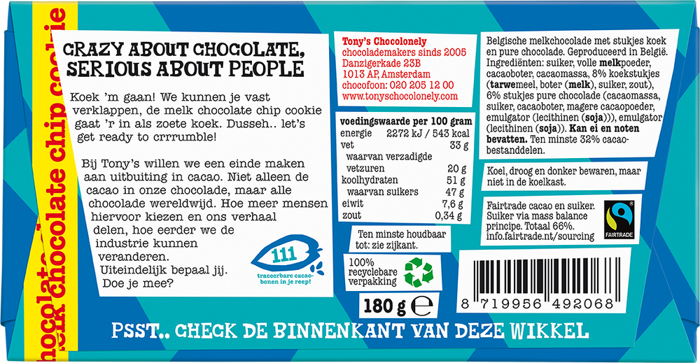 Achterkant van de verpakking van Tony's Chocolonely reep melk chocolate chip cookie