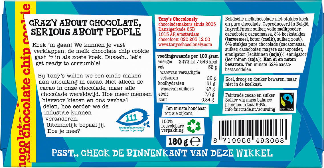 Achterkant van de verpakking van Tony's Chocolonely reep melk chocolate chip cookie