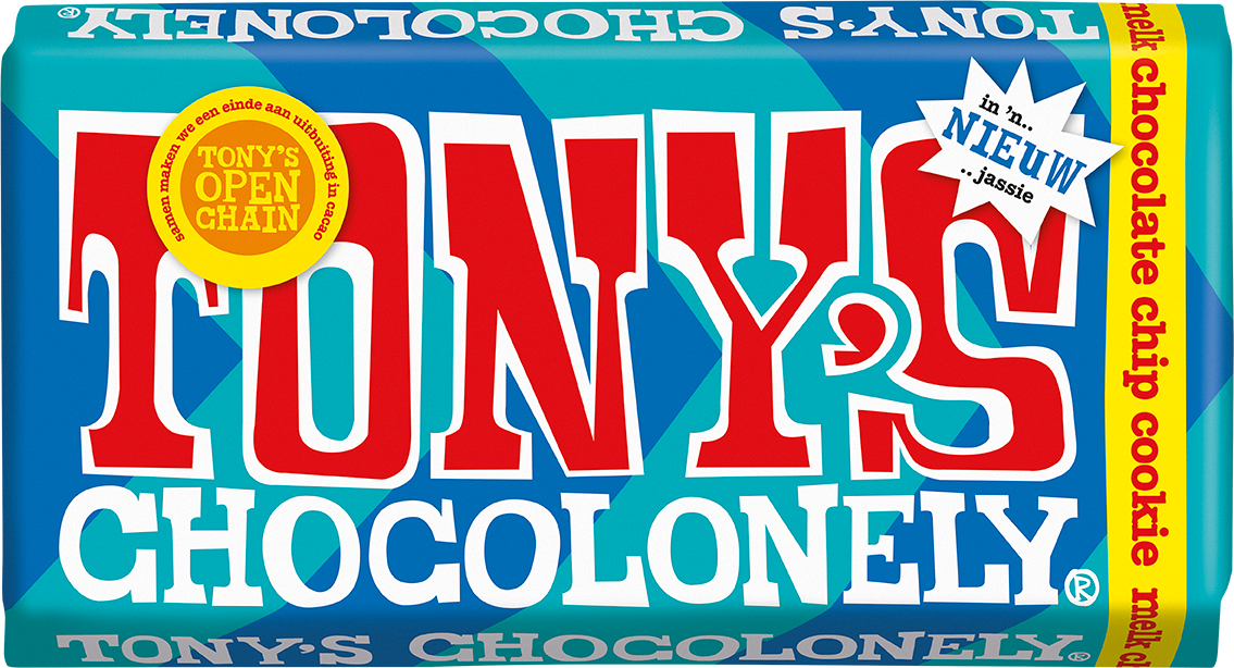 Tony's Chocolonely reep melk chocolate chip cookie, voorkant van de verpakking