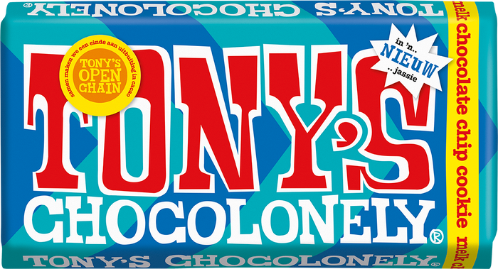Tony's Chocolonely reep melk chocolate chip cookie (180 gram), doos van 15 repen