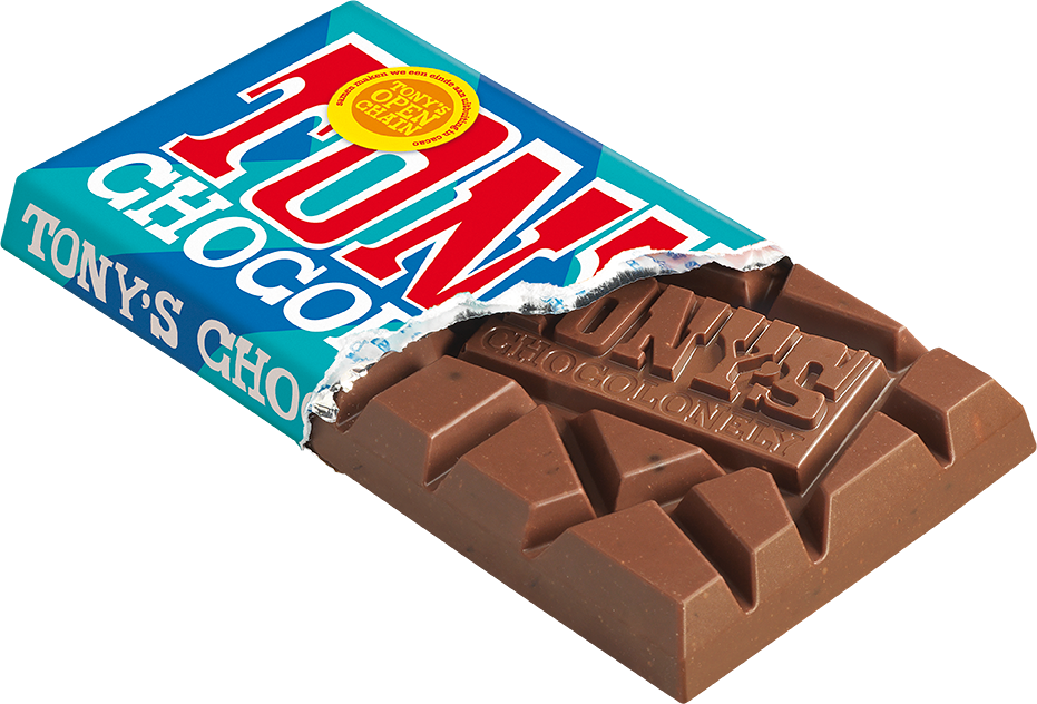 Tony's Chocolonely reep melk chocolate chip cookie, geopende verpakking