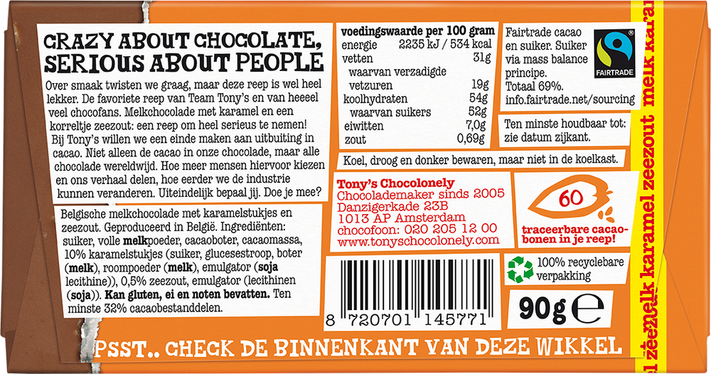 Achterkant van de verpakking van Tony's Chocolonely reep melk karamel zeezout