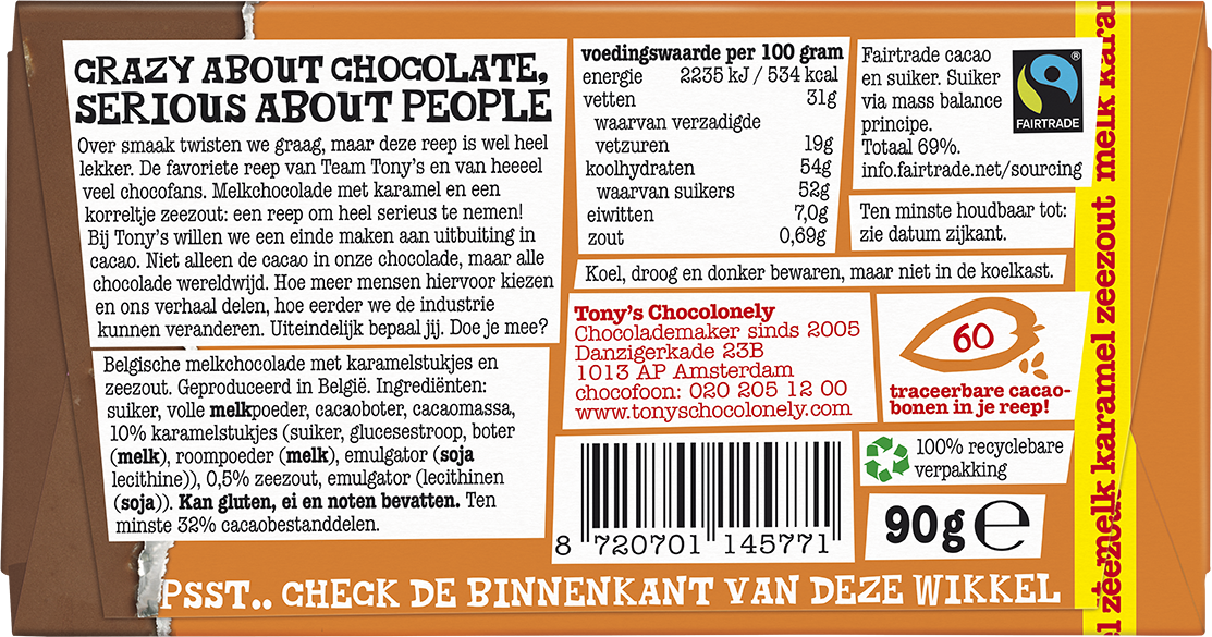 Achterkant van de verpakking van Tony's Chocolonely reep melk karamel zeezout