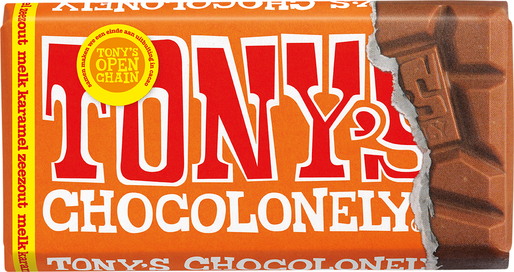 Tony's Chocolonely reep melk karamel zeezout, voorkant van de verpakking