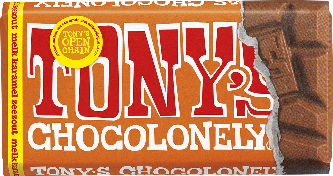 Tony's Chocolonely reep melk karamel zeezout, voorkant van de verpakking