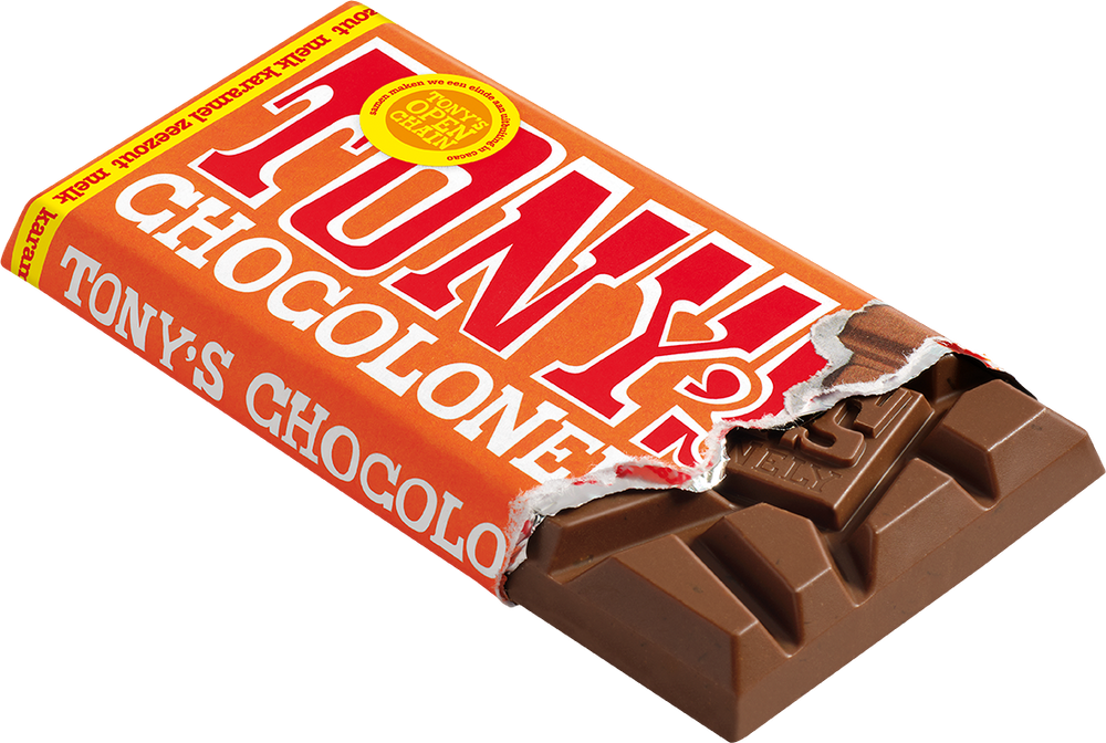 Tony's Chocolonely reep melk karamel zeezout, geopende verpakking
