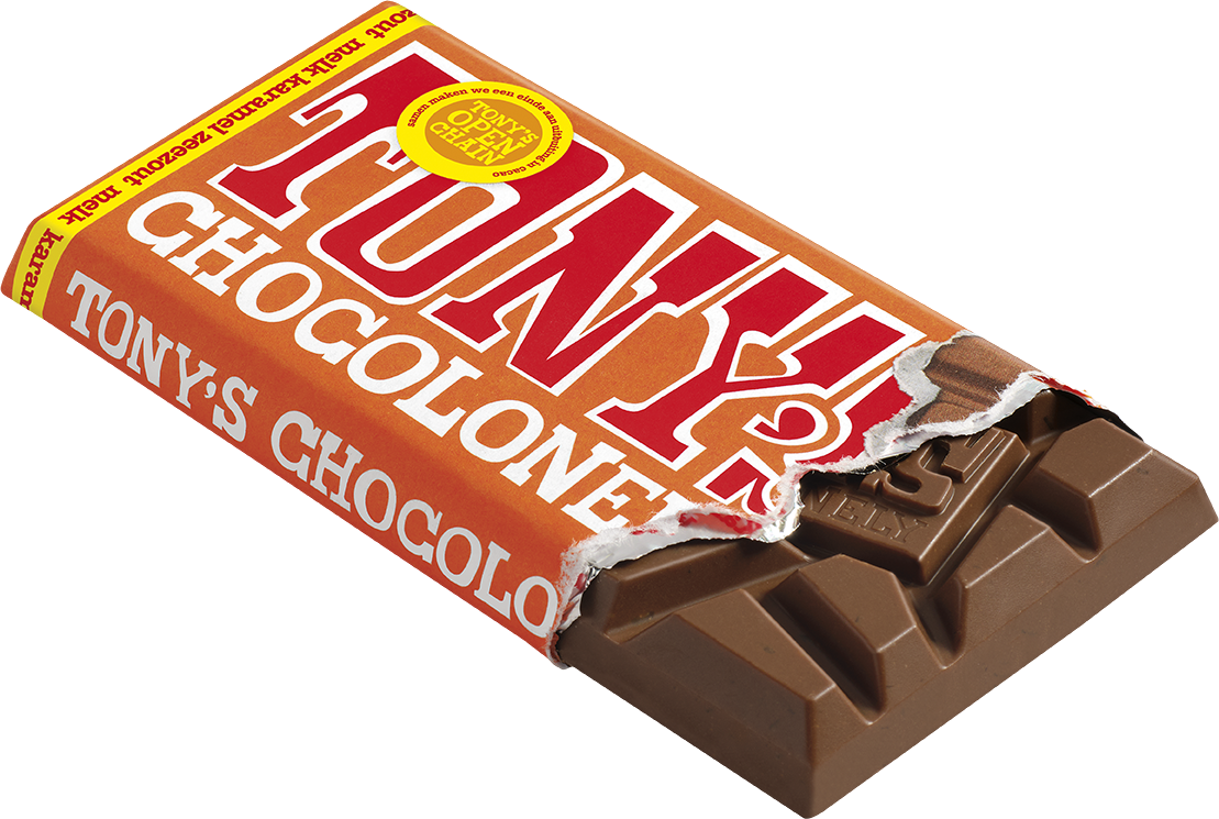 Tony's Chocolonely reep melk karamel zeezout, geopende verpakking