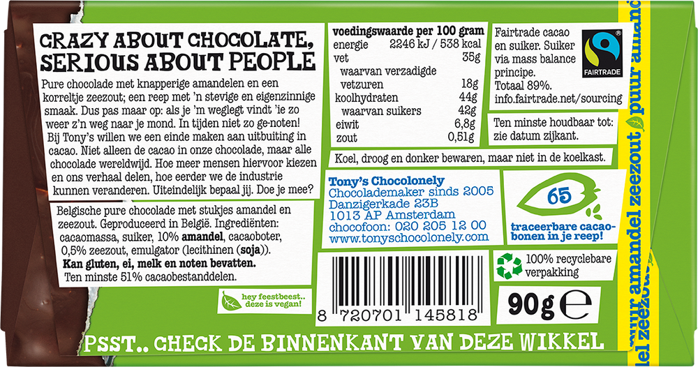 Achterkant van de verpakking van Tony's Chocolonely reep puur amandel zeezout