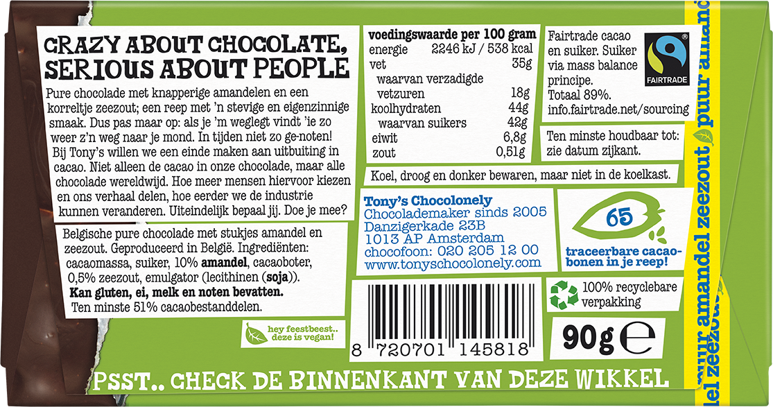 Achterkant van de verpakking van Tony's Chocolonely reep puur amandel zeezout