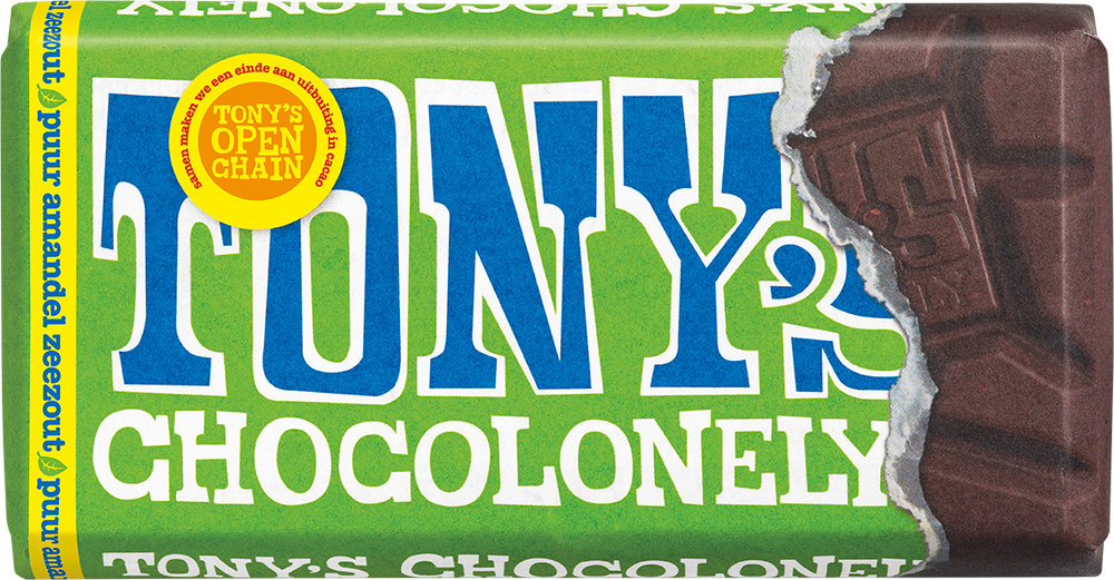 Tony's Chocolonely reep puur amandel zeezout, voorkant van de verpakking