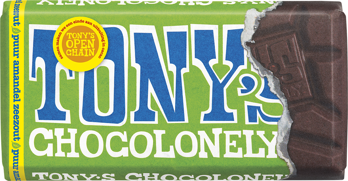 Tony's Chocolonely reep puur amandel zeezout, voorkant van de verpakking