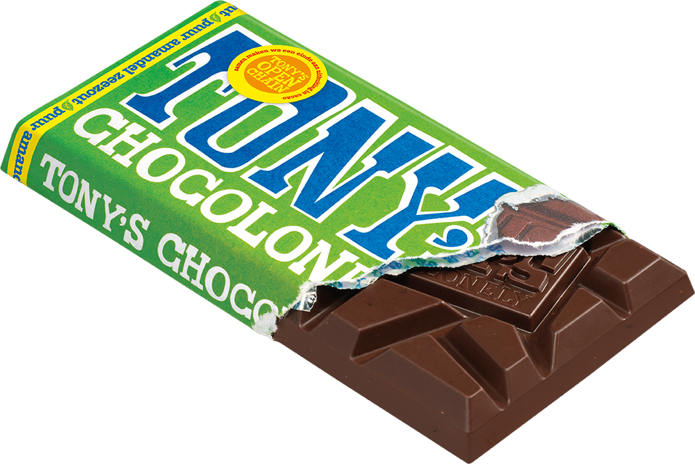 Tony's Chocolonely reep puur amandel zeezout, geopende verpakking
